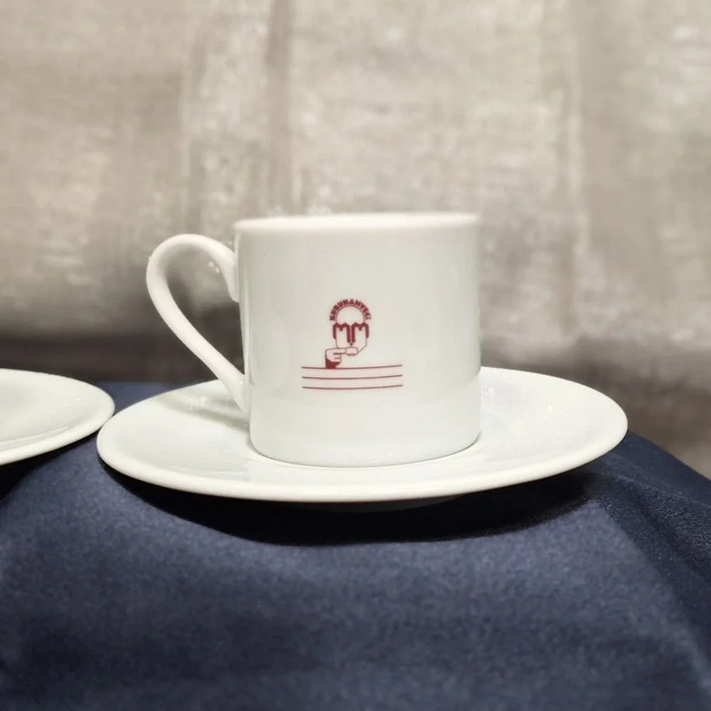 2 Kurukahveci Mehmet Efendi Porcelain Turkish Coffee Demitasse Cups Saucers Pair